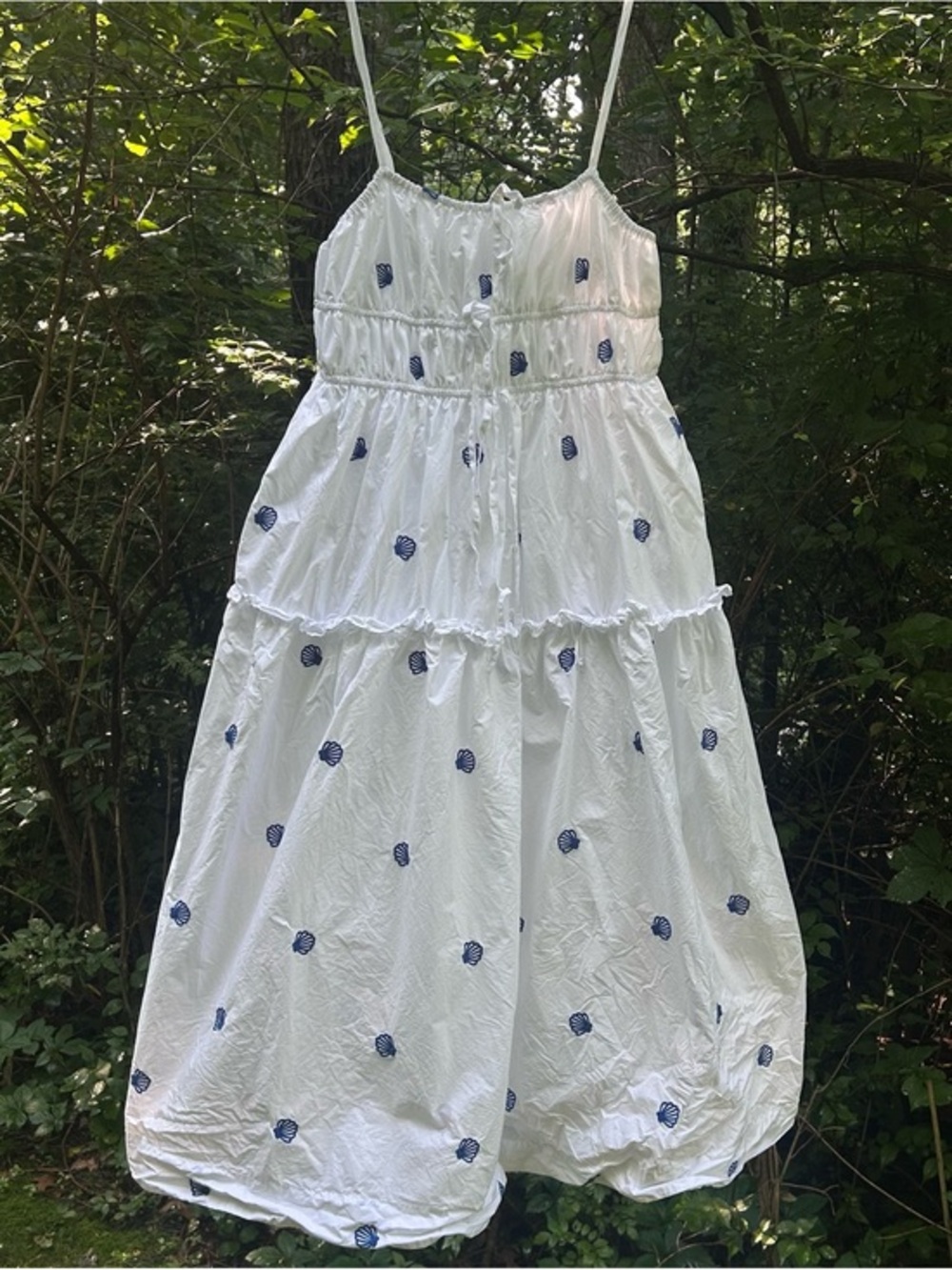 Joie White Tiered Midi Dress with Blue Embroidered Shells